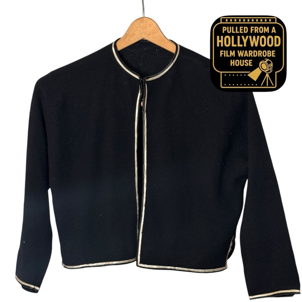 1950s Black Wool Cropped Thin Light Jacket w/ Silk Satin Trim